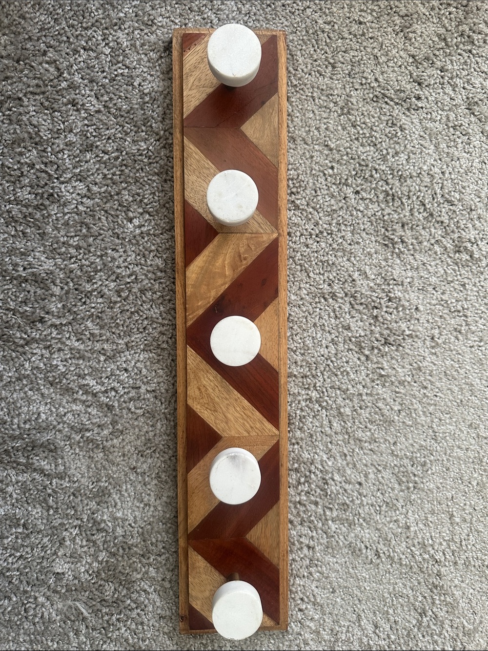 Wooden Chevron Wall Hook Rack with White Marble Pegs